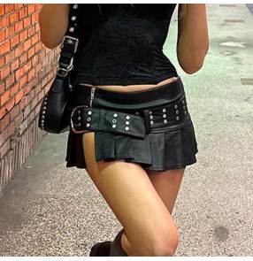 Women black pu leather hot pole jazz dance mini skirts Gothic punk rock style stage performance side slit Party rave dancing pleated short skirts